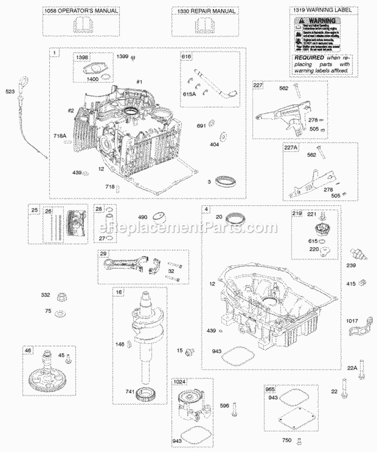 Camshaft Engine Sump Cylinder Crankshaft PistonRingConnecting Rod Diagram and Parts List for 613777-0113-E1  Briggs and Stratton Engine
